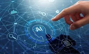 Hand interacting with AI network